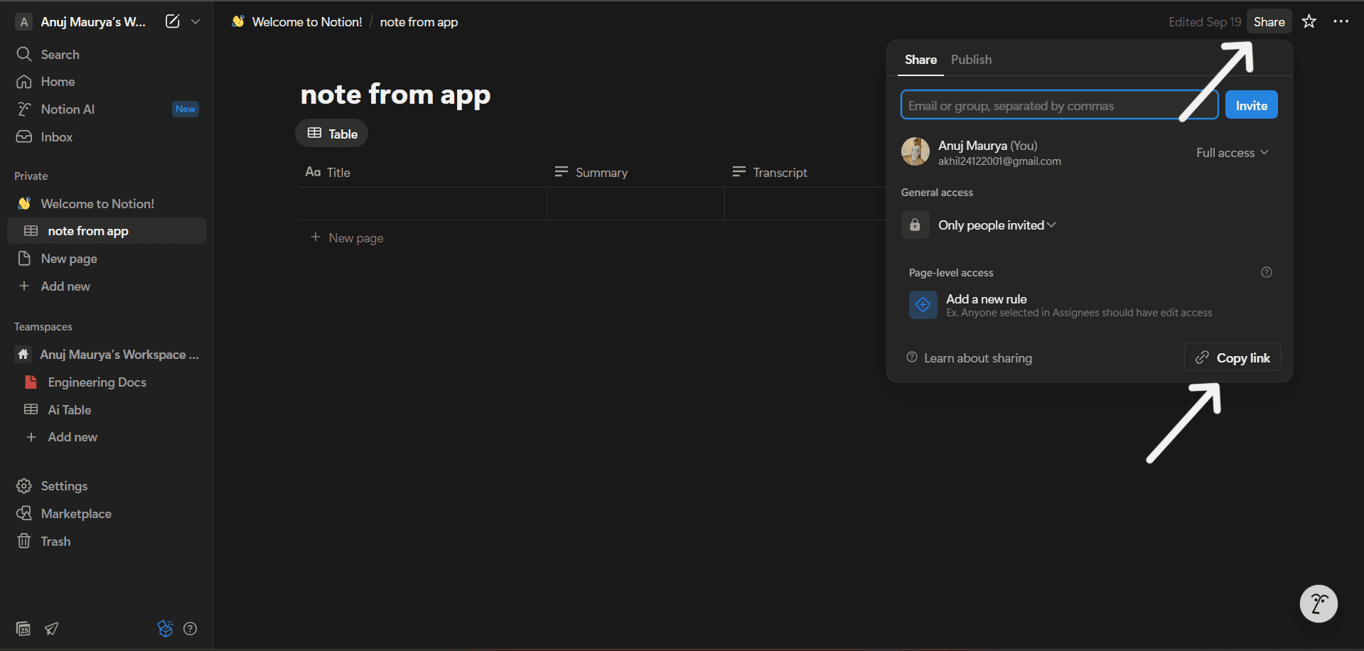 Copying the link from the Notion share menu.