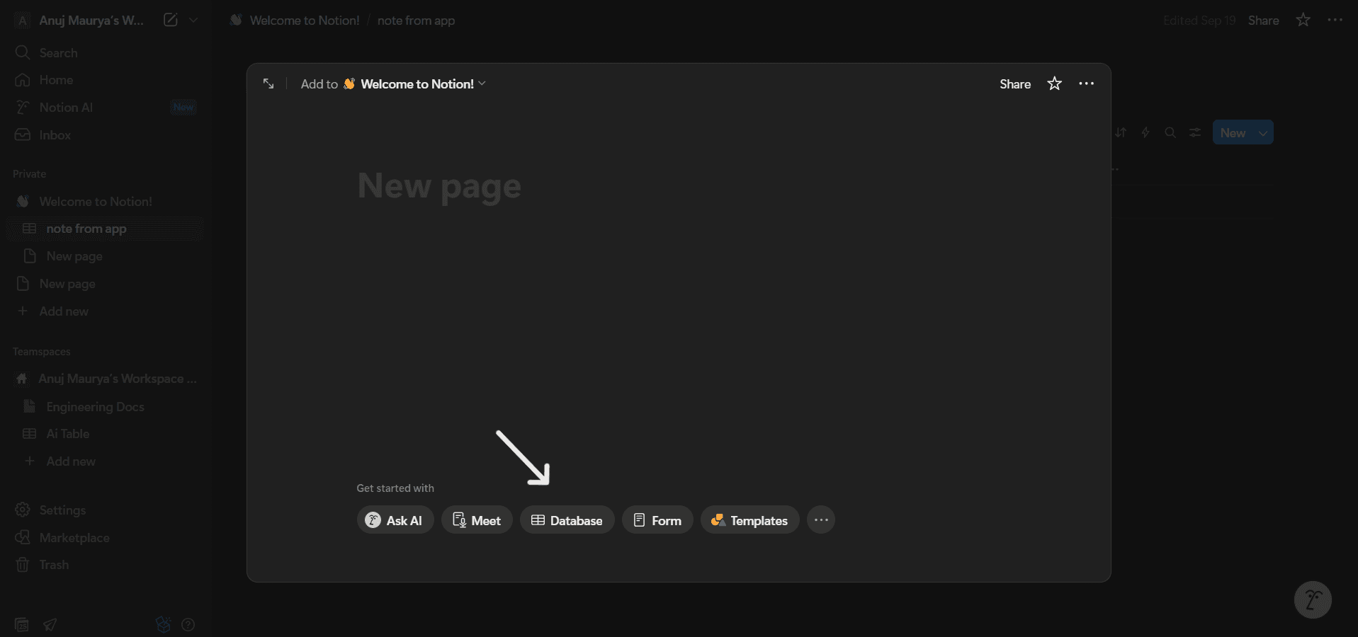 Selecting 'Table' from the database options in a new Notion page.