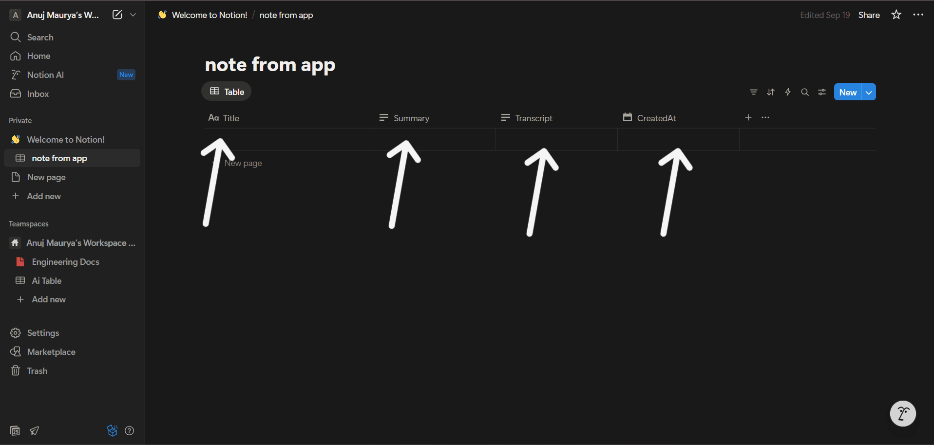 Notion database with the required columns: Title, Summary, Transcript, and CreatedAt.